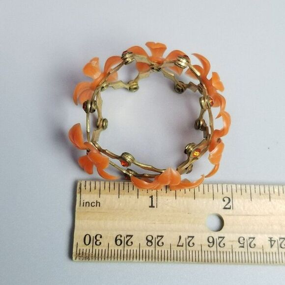 Vintage Orange Plastic Flower Rhinestone Expansion Stretch Bangle Bracelet Retro - Picture 7 of 9